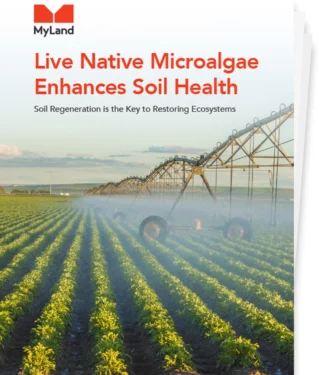 Live native microalgae white paper cover showing a crops on a farm being watered.